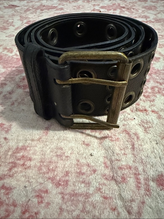 Accessories - Black Grommet Leather Belt with Brass Buckle - Men